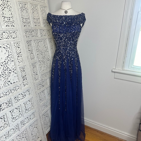 Goddiva London Navy Blue Off Shoulder Sequin Fairycore Formal Event Prom Dress - Picture 1 of 9